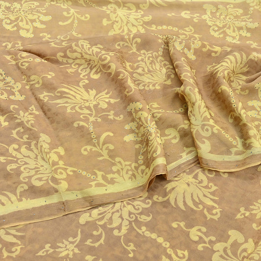 Indian Vintage Beige & yellow Saree Pure Georgette Silk Hand Embroidered Mukesh Sari Fabric 6Yard Sewing Soft Ethnic Sequins Paisley