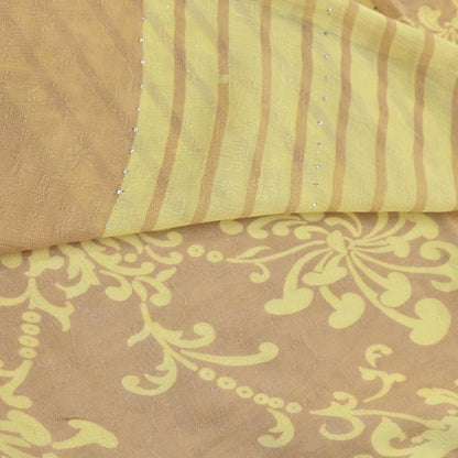 Indian Vintage Beige & yellow Saree Pure Georgette Silk Hand Embroidered Mukesh Sari Fabric 6Yard Sewing Soft Ethnic Sequins Paisley