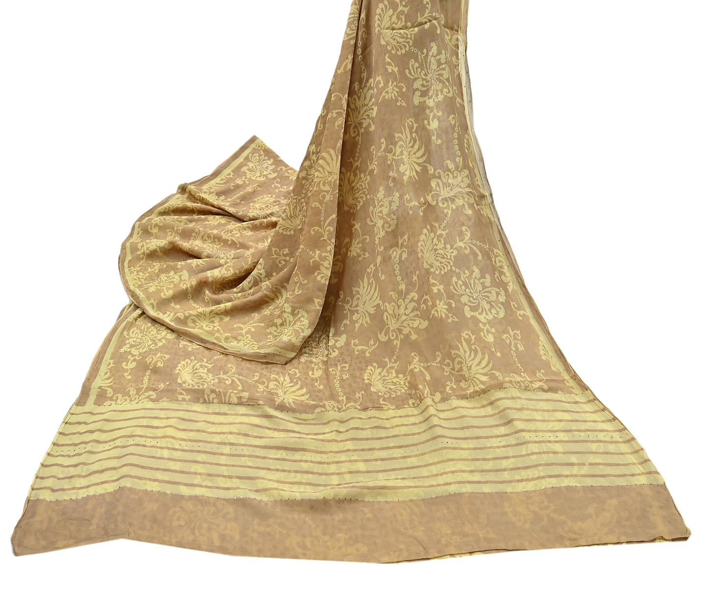 Indian Vintage Beige & yellow Saree Pure Georgette Silk Hand Embroidered Mukesh Sari Fabric 6Yard Sewing Soft Ethnic Sequins Paisley