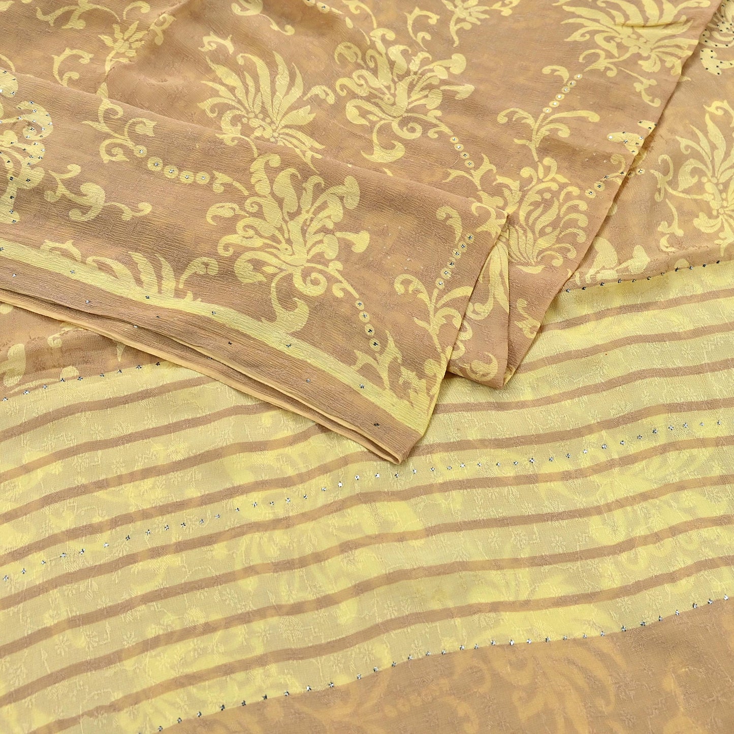 Indian Vintage Beige & yellow Saree Pure Georgette Silk Hand Embroidered Mukesh Sari Fabric 6Yard Sewing Soft Ethnic Sequins Paisley