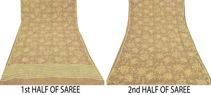 Indian Vintage Beige & yellow Saree Pure Georgette Silk Hand Embroidered Mukesh Sari Fabric 6Yard Sewing Soft Ethnic Sequins Paisley