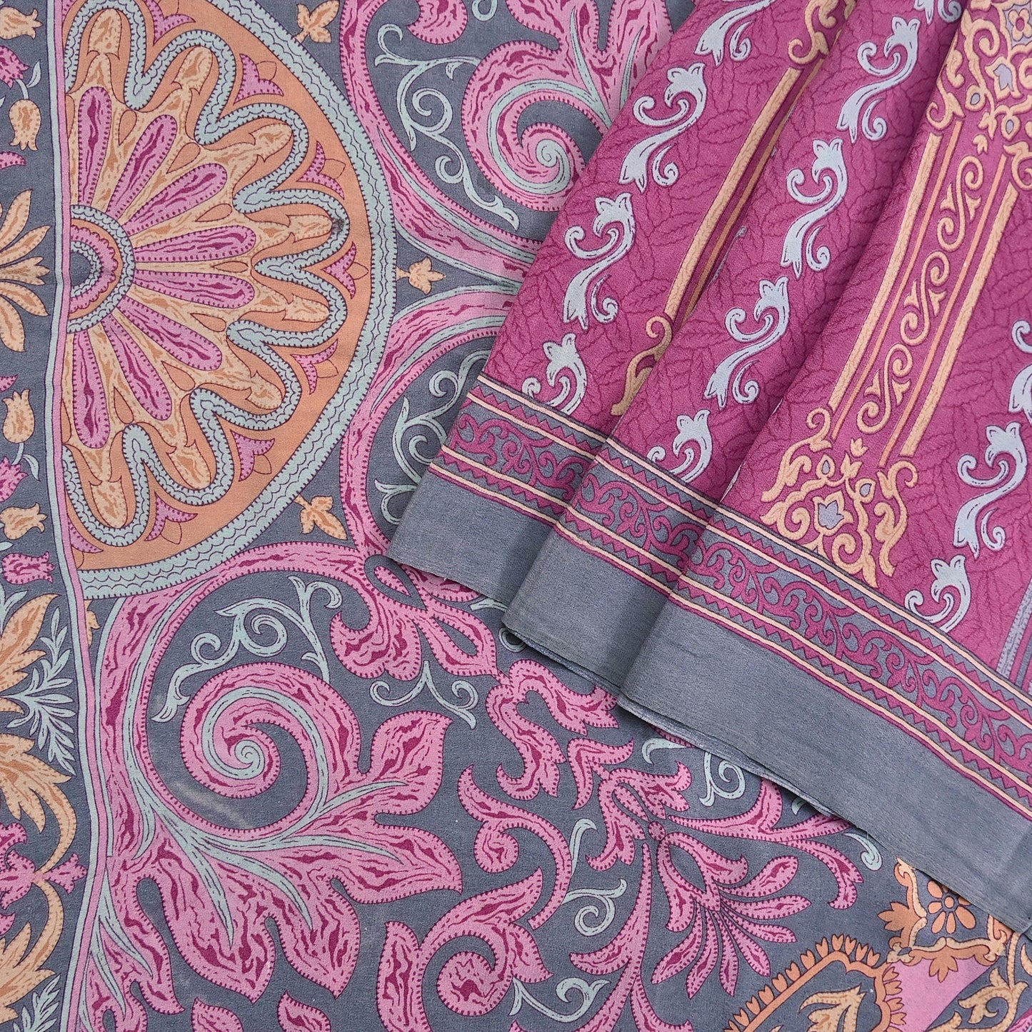Indian Vintage Gray & pink Pure Crepe Silk Saree Floral Print 6 Yards Soft Sewing Fabric for Dressmaking, Quilting, Crafting Upcycling
