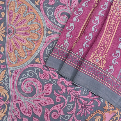 Indian Vintage Gray & pink Pure Crepe Silk Saree Floral Print 6 Yards Soft Sewing Fabric for Dressmaking, Quilting, Crafting Upcycling