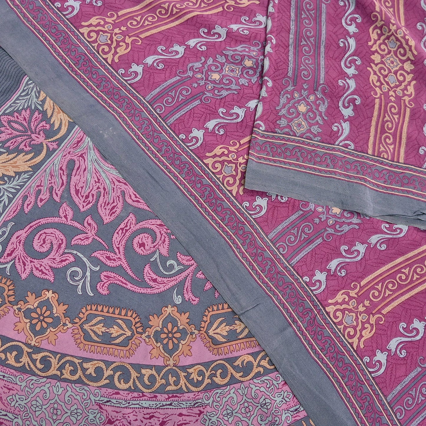 Indian Vintage Gray & pink Pure Crepe Silk Saree Floral Print 6 Yards Soft Sewing Fabric for Dressmaking, Quilting, Crafting Upcycling