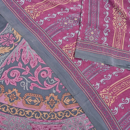 Indian Vintage Gray & pink Pure Crepe Silk Saree Floral Print 6 Yards Soft Sewing Fabric for Dressmaking, Quilting, Crafting Upcycling