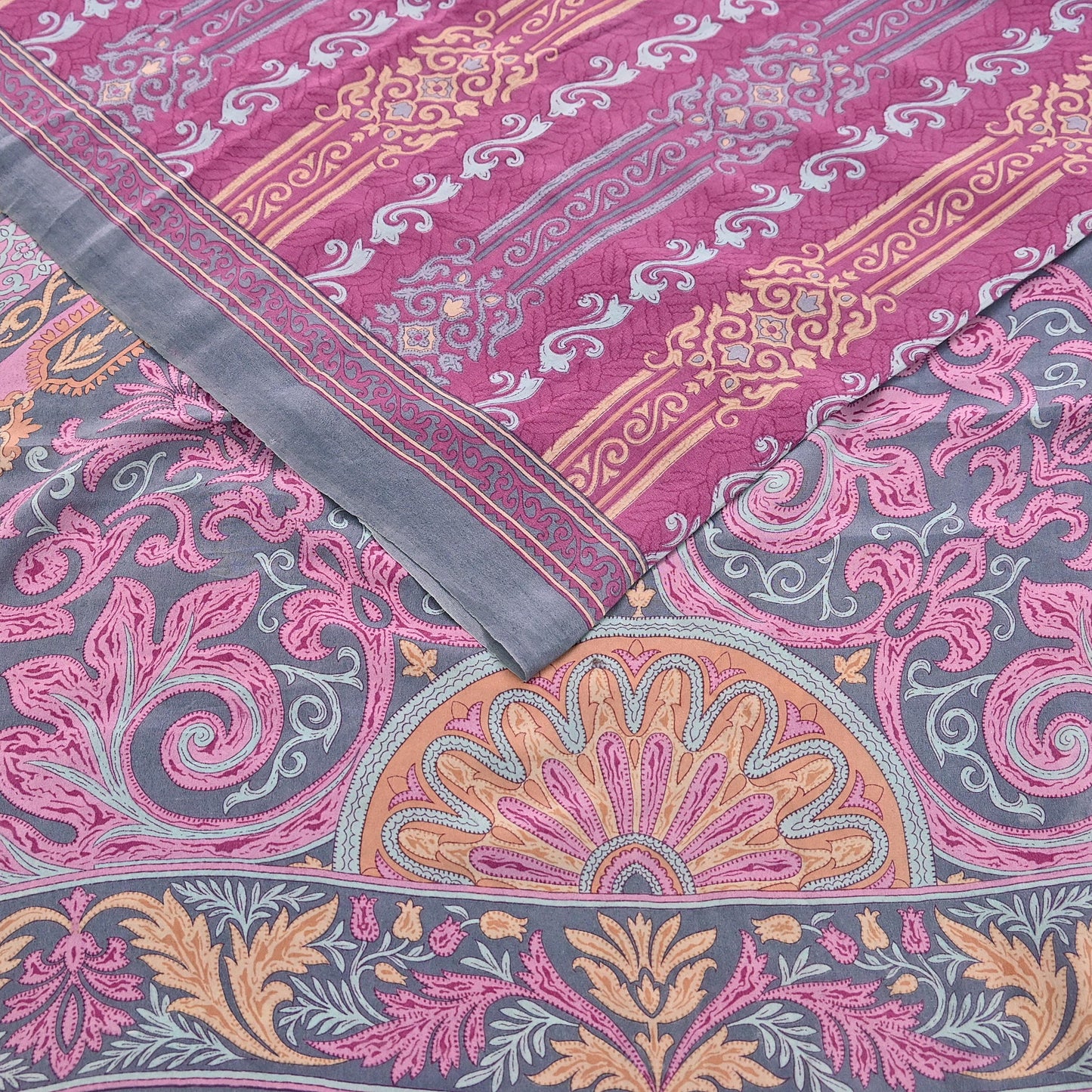 Indian Vintage Gray & pink Pure Crepe Silk Saree Floral Print 6 Yards Soft Sewing Fabric for Dressmaking, Quilting, Crafting Upcycling