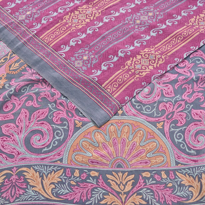 Indian Vintage Gray & pink Pure Crepe Silk Saree Floral Print 6 Yards Soft Sewing Fabric for Dressmaking, Quilting, Crafting Upcycling