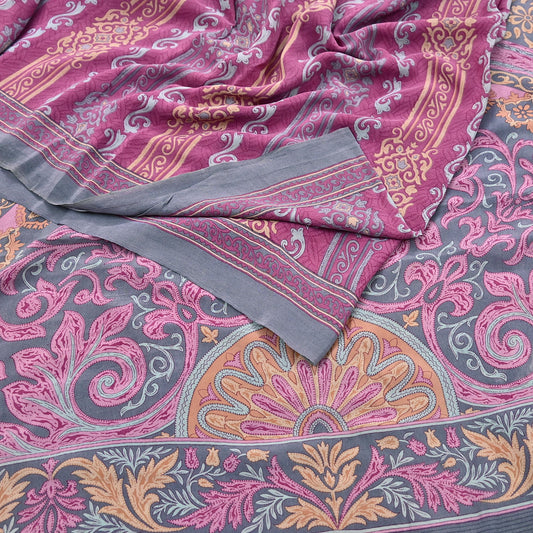 Indian Vintage Gray & pink Pure Crepe Silk Saree Floral Print 6 Yards Soft Sewing Fabric for Dressmaking, Quilting, Crafting Upcycling