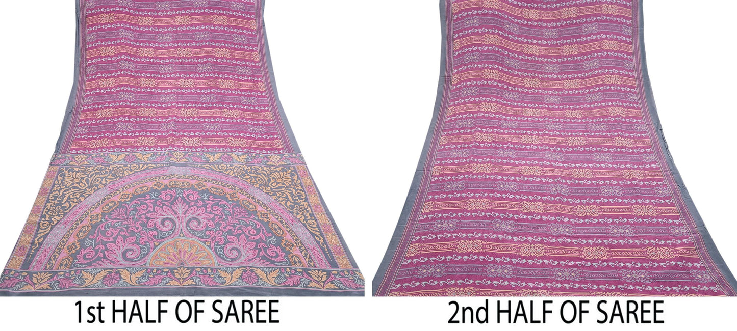 Indian Vintage Gray & pink Pure Crepe Silk Saree Floral Print 6 Yards Soft Sewing Fabric for Dressmaking, Quilting, Crafting Upcycling