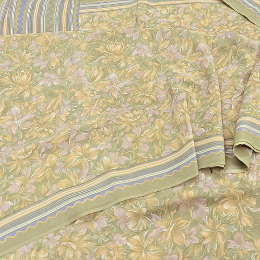 Indian Vintage Sari Green & yellow Pure Crepe Silk Printed Sarees 5yd Sewing Soft Craft Fabric Wrap Dress Making Crafting Quilting Upcycle