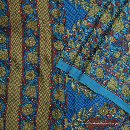 Indian Vintage Blue Pure Crepe Silk Saree Floral Print 5 Yards Soft Sewing Fabric for Dressmaking, Quilting, Crafting Upcycling