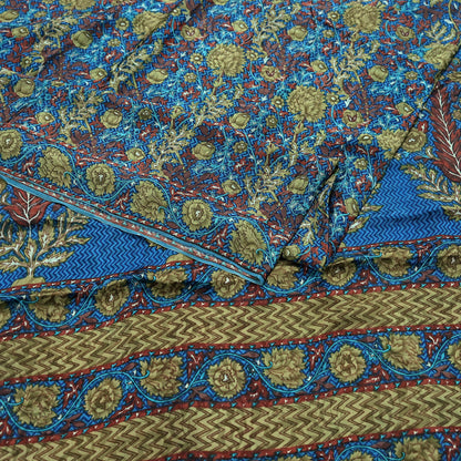 Indian Vintage Blue Pure Crepe Silk Saree Floral Print 5 Yards Soft Sewing Fabric for Dressmaking, Quilting, Crafting Upcycling