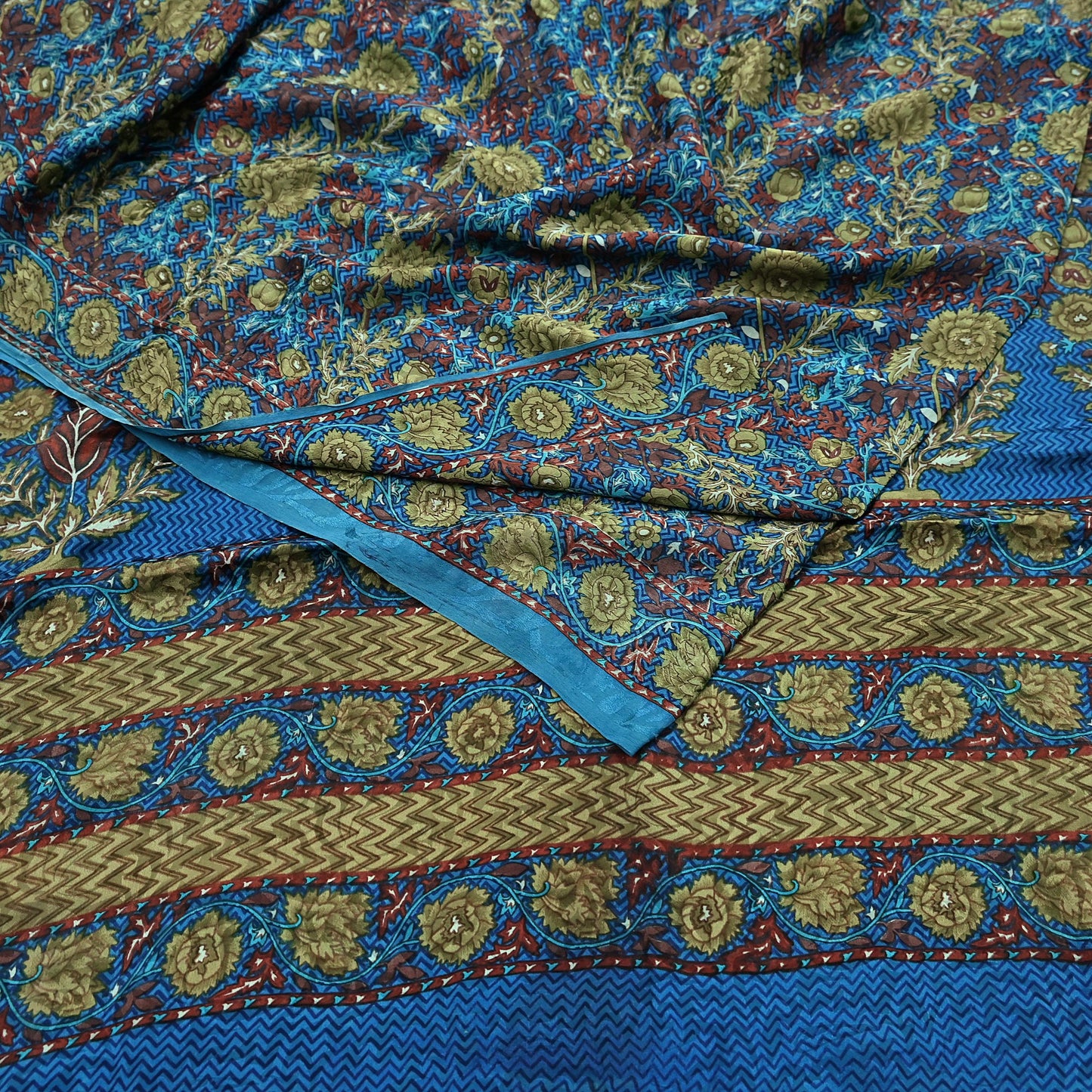 Indian Vintage Blue Pure Crepe Silk Saree Floral Print 5 Yards Soft Sewing Fabric for Dressmaking, Quilting, Crafting Upcycling