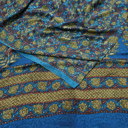 Indian Vintage Blue Pure Crepe Silk Saree Floral Print 5 Yards Soft Sewing Fabric for Dressmaking, Quilting, Crafting Upcycling