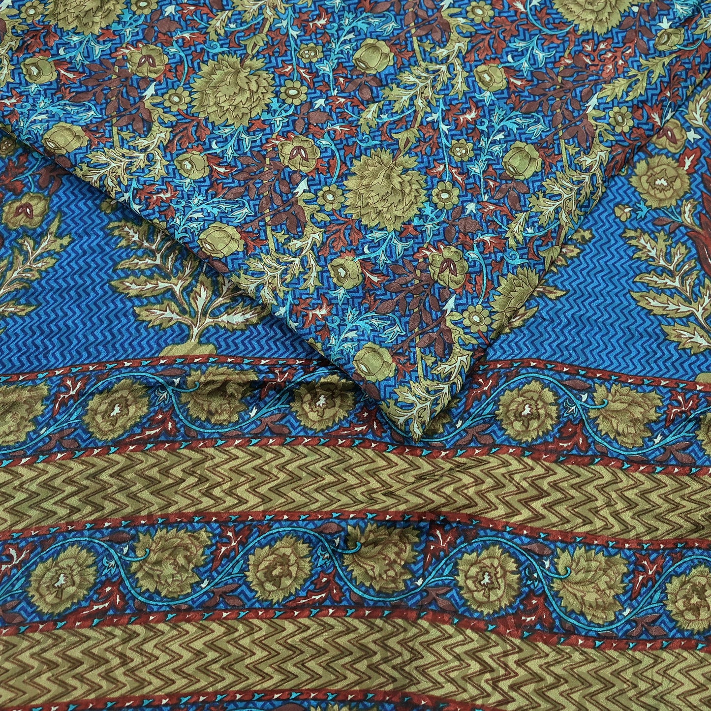 Indian Vintage Blue Pure Crepe Silk Saree Floral Print 5 Yards Soft Sewing Fabric for Dressmaking, Quilting, Crafting Upcycling