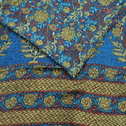 Indian Vintage Blue Pure Crepe Silk Saree Floral Print 5 Yards Soft Sewing Fabric for Dressmaking, Quilting, Crafting Upcycling