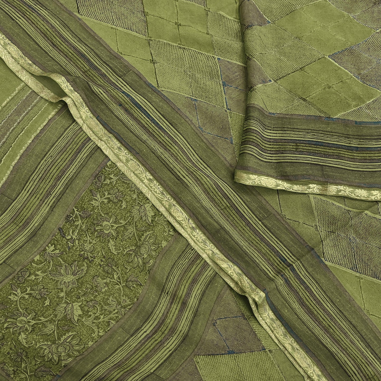 Women Vintage Sari Green 100% Pure Georgette Silk Printed Saree Craft Fabric Sewing 6Yd Soft Sari Dress Making Crafting Quilting