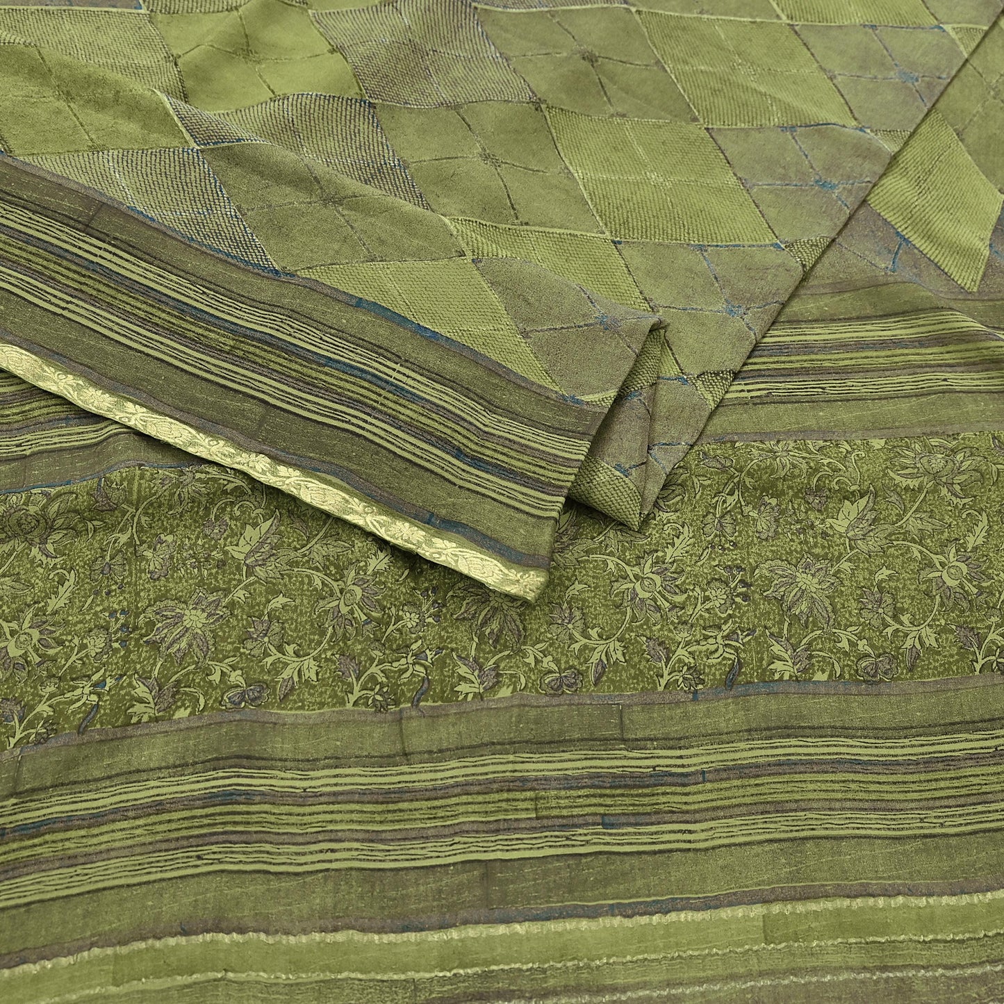 Women Vintage Sari Green 100% Pure Georgette Silk Printed Saree Craft Fabric Sewing 6Yd Soft Sari Dress Making Crafting Quilting