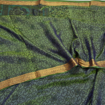 Vintage Green Pure Silk Saree Indian Printed Silk Fabric 5 Yards Boho Craft Material for Sewing, Quilting, Dressmaking, Upcycling