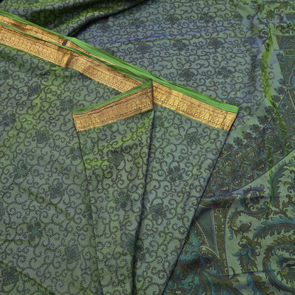 Vintage Green Pure Silk Saree Indian Printed Silk Fabric 5 Yards Boho Craft Material for Sewing, Quilting, Dressmaking, Upcycling