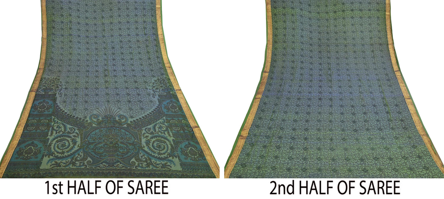 Vintage Green Pure Silk Saree Indian Printed Silk Fabric 5 Yards Boho Craft Material for Sewing, Quilting, Dressmaking, Upcycling