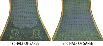 Vintage Green Pure Silk Saree Indian Printed Silk Fabric 5 Yards Boho Craft Material for Sewing, Quilting, Dressmaking, Upcycling