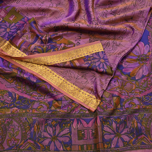 Vintage Purple & brown Pure Silk Saree Indian Printed Silk Fabric 6 Yards Boho Craft Material for Sewing, Quilting, Dressmaking, Upcycling