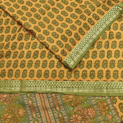 Vintage Green & mustard Pure Silk Saree Indian Printed Silk Fabric 5 Yards Boho Craft Material for Sewing, Quilting, Dressmaking, Upcycling