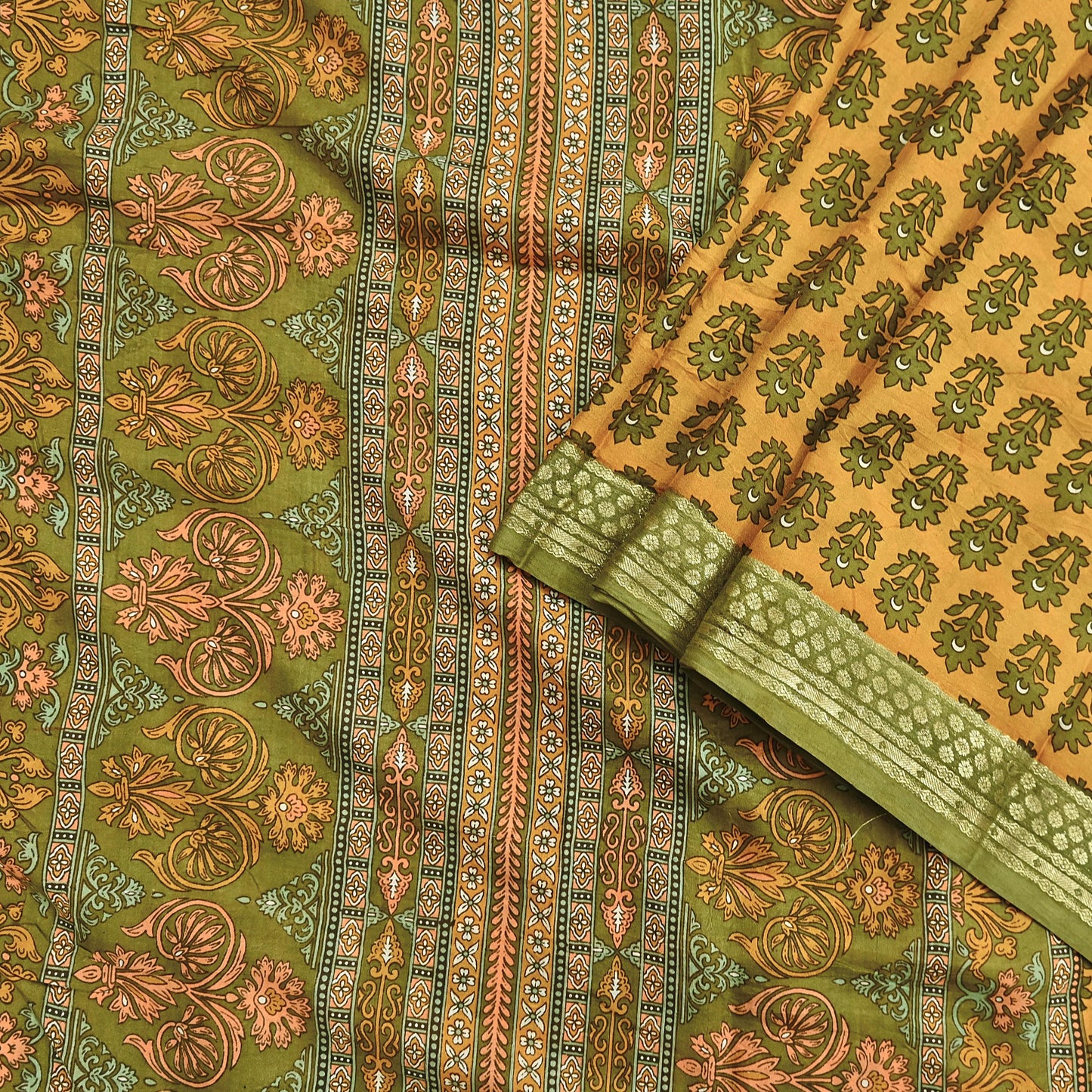 Vintage Green & mustard Pure Silk Saree Indian Printed Silk Fabric 5 Yards Boho Craft Material for Sewing, Quilting, Dressmaking, Upcycling