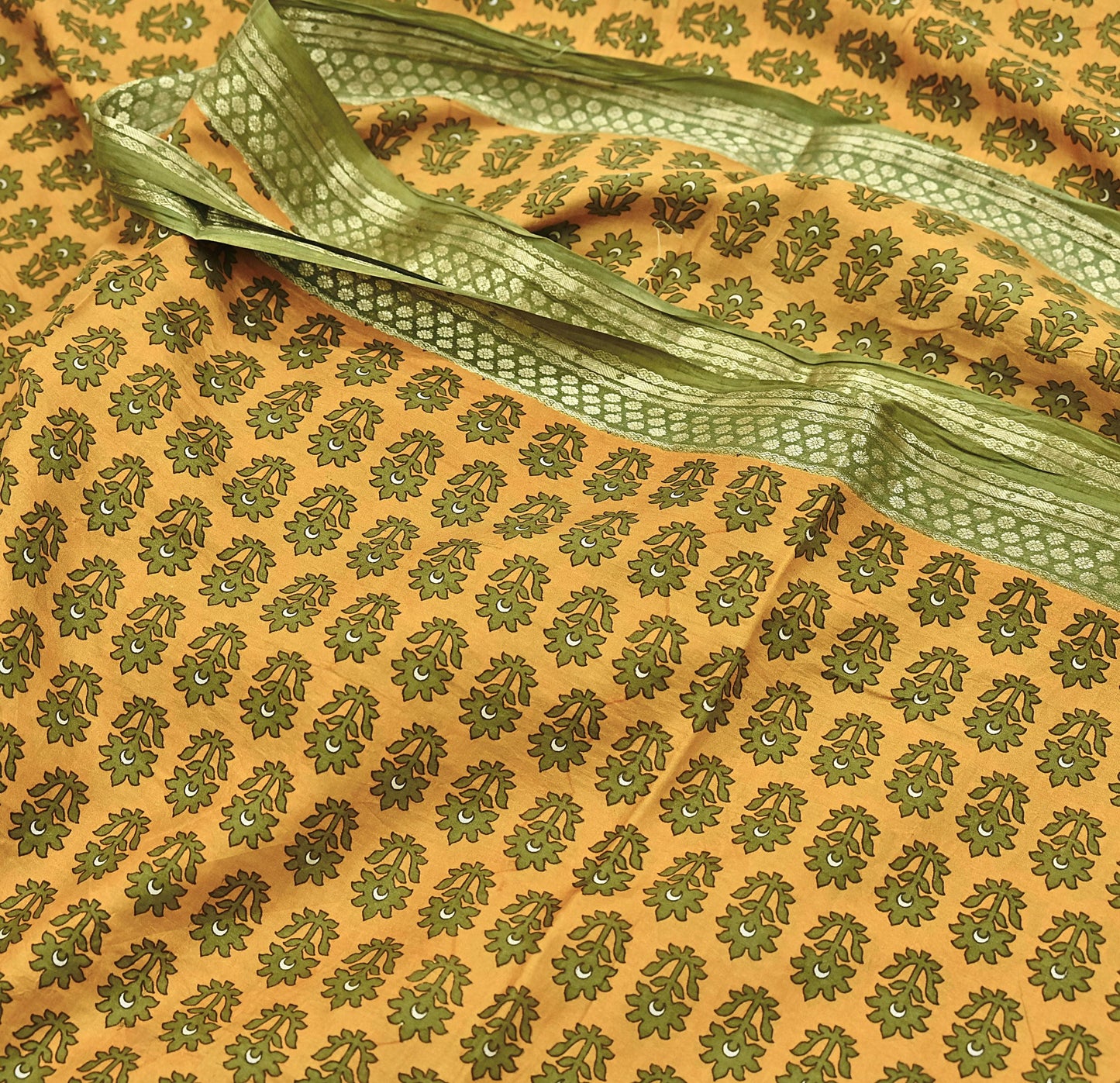 Vintage Green & mustard Pure Silk Saree Indian Printed Silk Fabric 5 Yards Boho Craft Material for Sewing, Quilting, Dressmaking, Upcycling