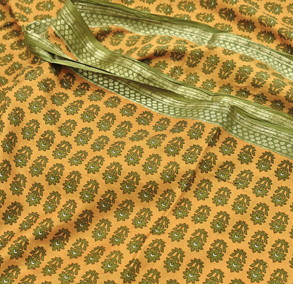 Vintage Green & mustard Pure Silk Saree Indian Printed Silk Fabric 5 Yards Boho Craft Material for Sewing, Quilting, Dressmaking, Upcycling