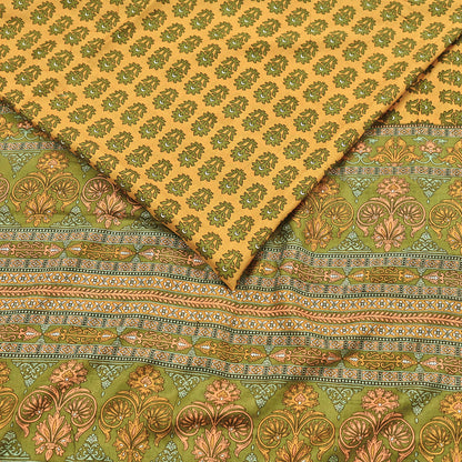 Vintage Green & mustard Pure Silk Saree Indian Printed Silk Fabric 5 Yards Boho Craft Material for Sewing, Quilting, Dressmaking, Upcycling