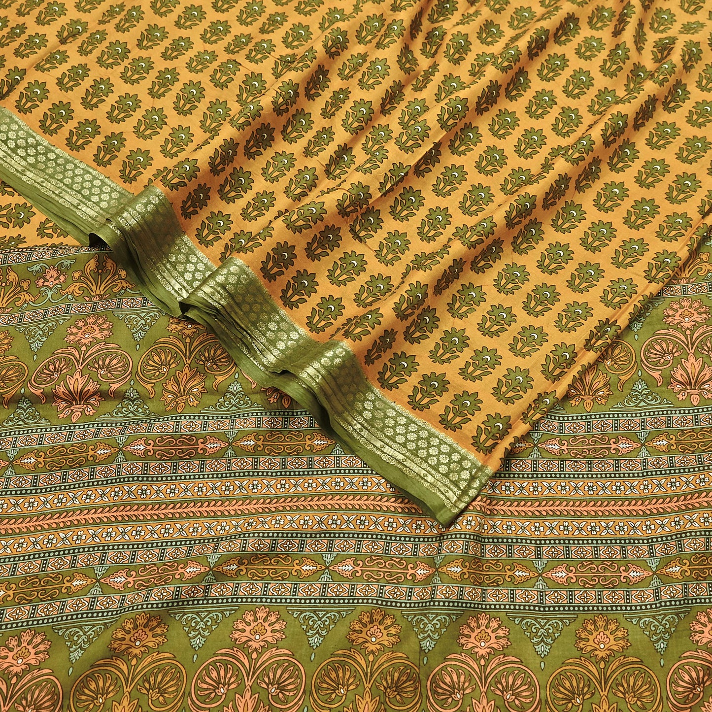 Vintage Green & mustard Pure Silk Saree Indian Printed Silk Fabric 5 Yards Boho Craft Material for Sewing, Quilting, Dressmaking, Upcycling