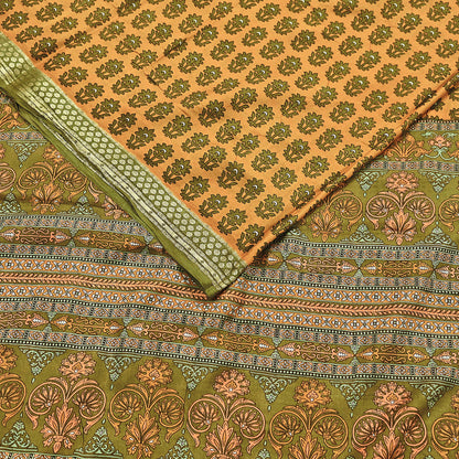 Vintage Green & mustard Pure Silk Saree Indian Printed Silk Fabric 5 Yards Boho Craft Material for Sewing, Quilting, Dressmaking, Upcycling