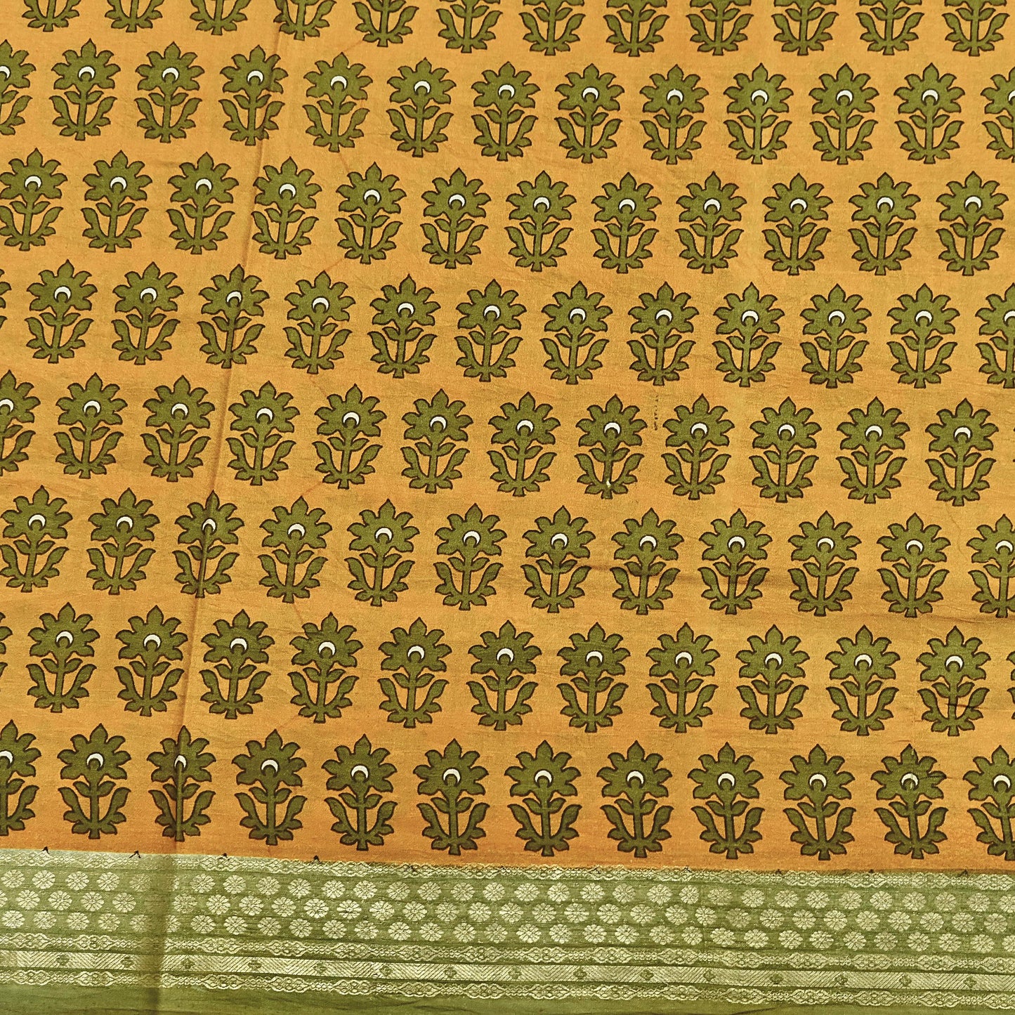 Vintage Green & mustard Pure Silk Saree Indian Printed Silk Fabric 5 Yards Boho Craft Material for Sewing, Quilting, Dressmaking, Upcycling