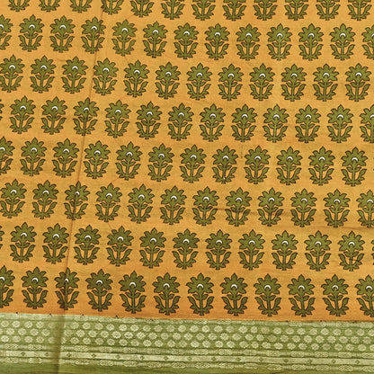 Vintage Green & mustard Pure Silk Saree Indian Printed Silk Fabric 5 Yards Boho Craft Material for Sewing, Quilting, Dressmaking, Upcycling