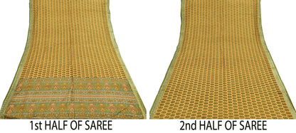 Vintage Green & mustard Pure Silk Saree Indian Printed Silk Fabric 5 Yards Boho Craft Material for Sewing, Quilting, Dressmaking, Upcycling