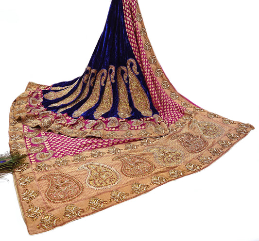 Pink Blue Pure Georgette Silk & Velvet Lehenga Saree Manish Malhotra Designer Zardozi Dabka Embroidered Sari Indian Wedding Wear