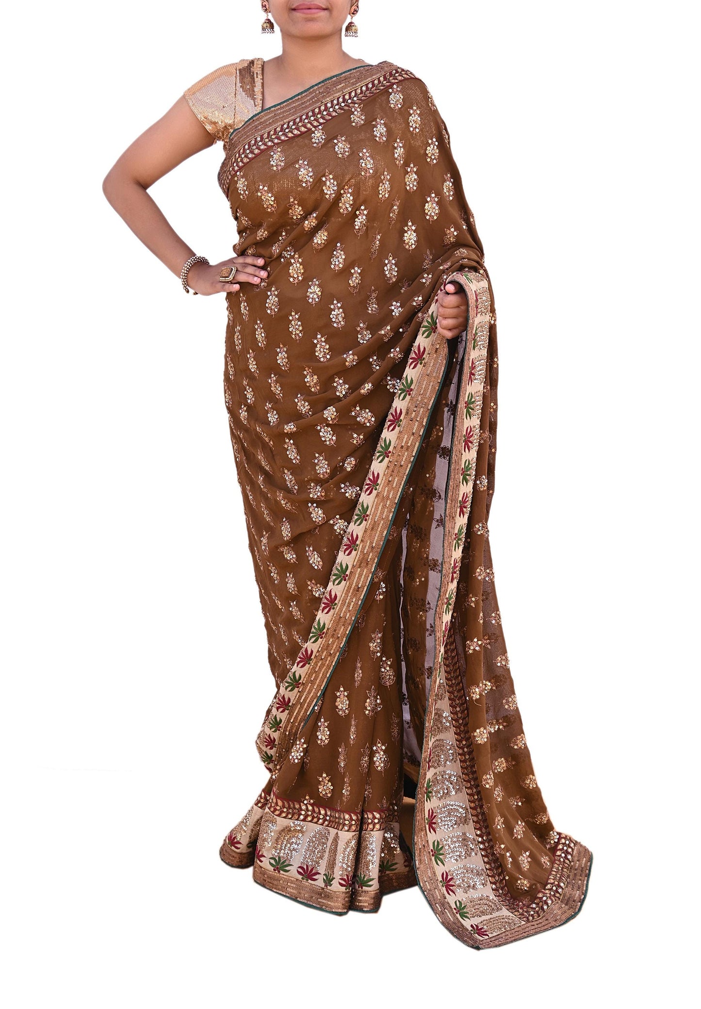 Indian Heavy Sari Brown Pure Georgette Silk Hand Embroidered Sarees Designer Sabyasachi 6Yd Sewing Ethnic Bollywood party wear saree