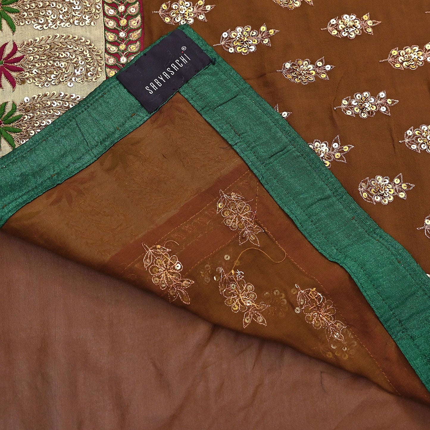 Indian Heavy Sari Brown Pure Georgette Silk Hand Embroidered Sarees Designer Sabyasachi 6Yd Sewing Ethnic Bollywood party wear saree