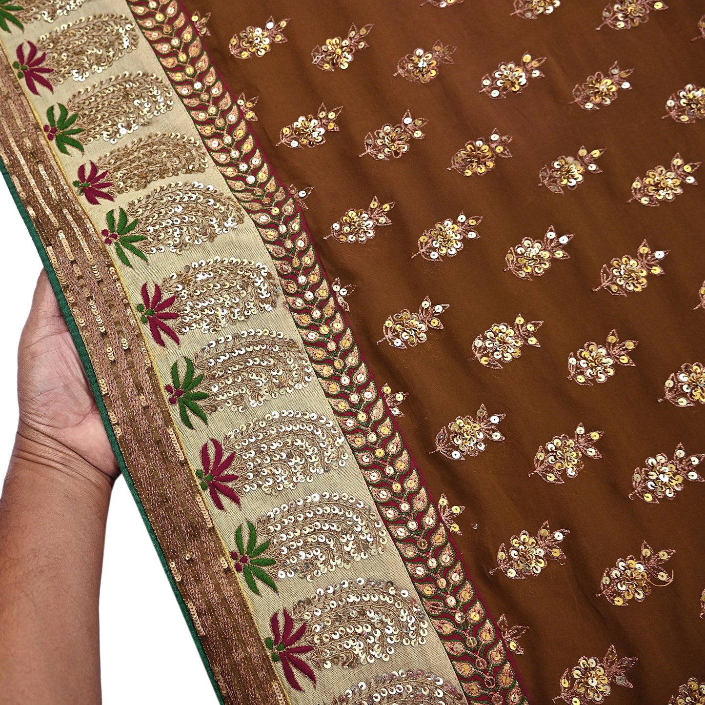 Indian Heavy Sari Brown Pure Georgette Silk Hand Embroidered Sarees Designer Sabyasachi 6Yd Sewing Ethnic Bollywood party wear saree