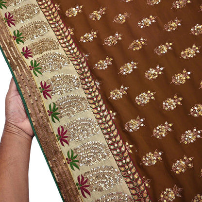 Indian Heavy Sari Brown Pure Georgette Silk Hand Embroidered Sarees Designer Sabyasachi 6Yd Sewing Ethnic Bollywood party wear saree