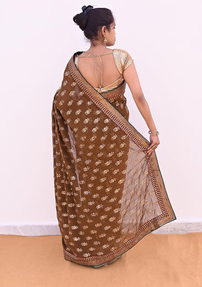 Indian Heavy Sari Brown Pure Georgette Silk Hand Embroidered Sarees Designer Sabyasachi 6Yd Sewing Ethnic Bollywood party wear saree