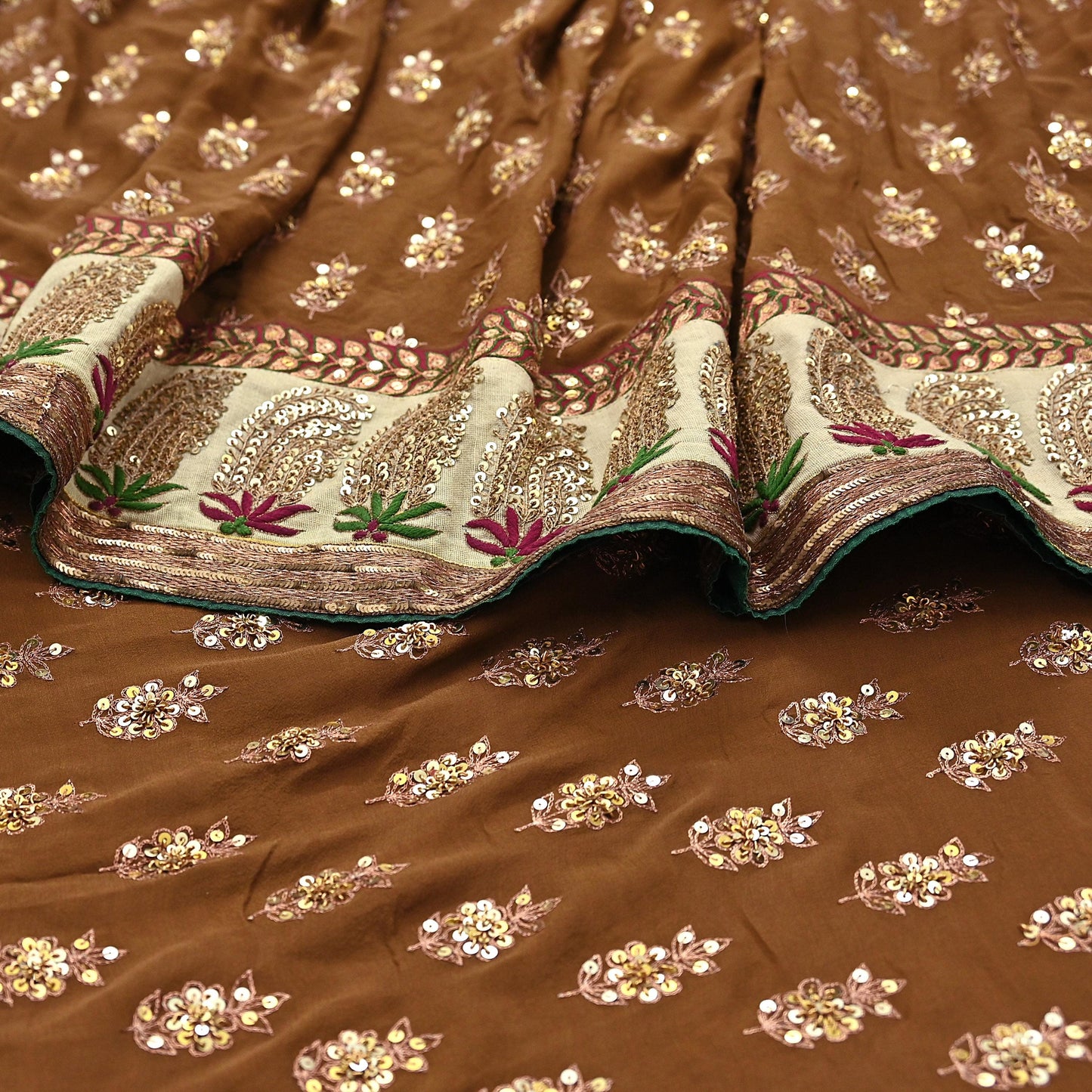 Indian Heavy Sari Brown Pure Georgette Silk Hand Embroidered Sarees Designer Sabyasachi 6Yd Sewing Ethnic Bollywood party wear saree