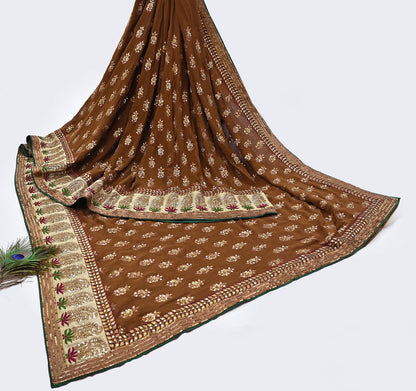Indian Heavy Sari Brown Pure Georgette Silk Hand Embroidered Sarees Designer Sabyasachi 6Yd Sewing Ethnic Bollywood party wear saree