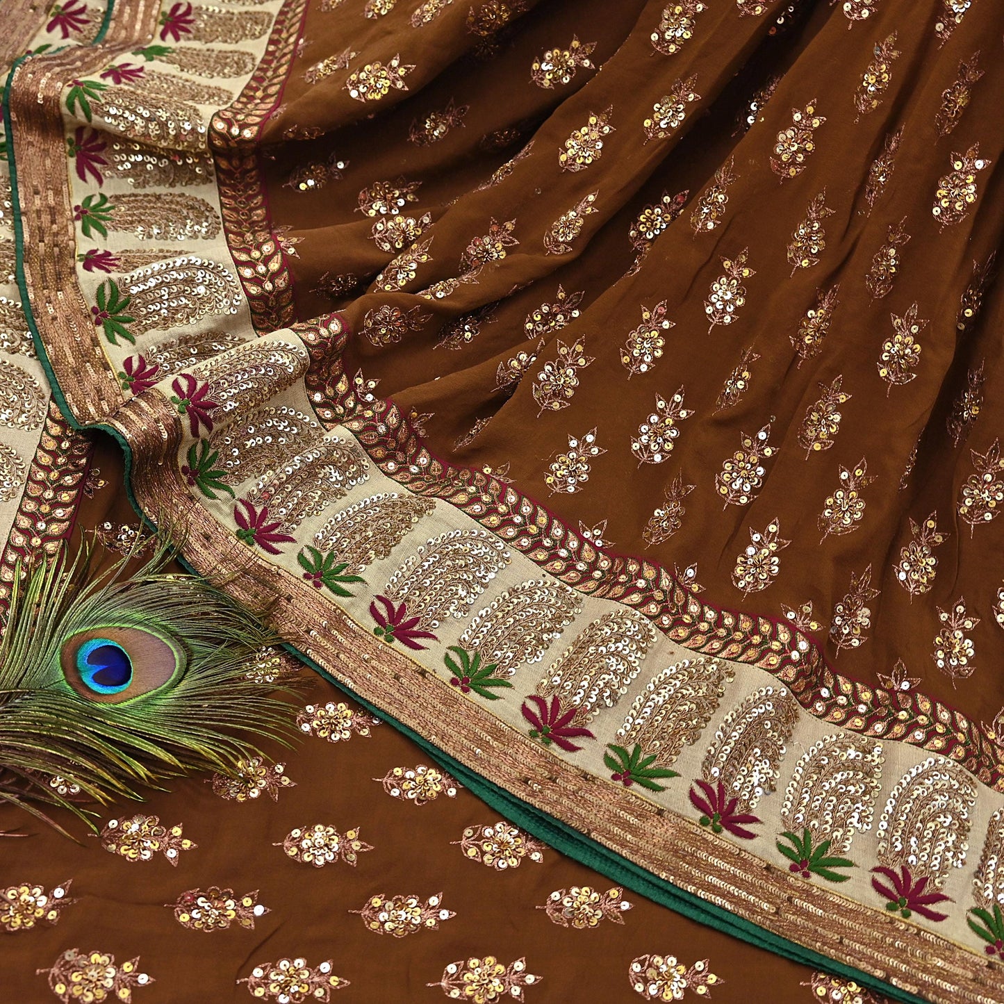 Indian Heavy Sari Brown Pure Georgette Silk Hand Embroidered Sarees Designer Sabyasachi 6Yd Sewing Ethnic Bollywood party wear saree