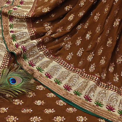 Indian Heavy Sari Brown Pure Georgette Silk Hand Embroidered Sarees Designer Sabyasachi 6Yd Sewing Ethnic Bollywood party wear saree