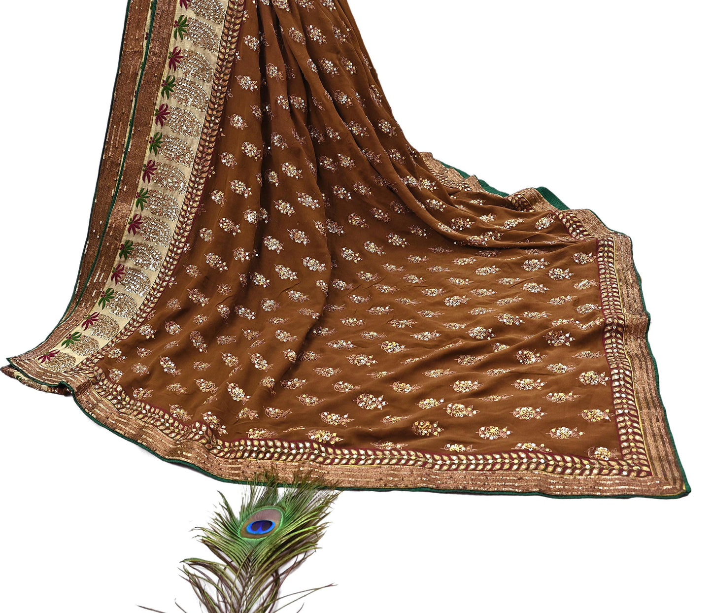 Indian Heavy Sari Brown Pure Georgette Silk Hand Embroidered Sarees Designer Sabyasachi 6Yd Sewing Ethnic Bollywood party wear saree