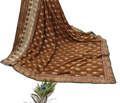 Indian Heavy Sari Brown Pure Georgette Silk Hand Embroidered Sarees Designer Sabyasachi 6Yd Sewing Ethnic Bollywood party wear saree