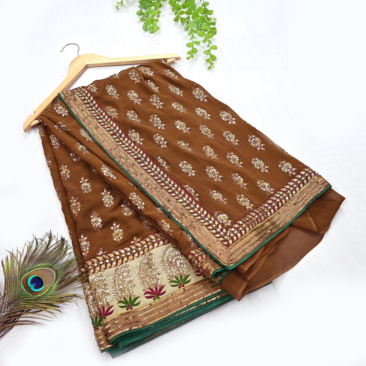 Indian Heavy Sari Brown Pure Georgette Silk Hand Embroidered Sarees Designer Sabyasachi 6Yd Sewing Ethnic Bollywood party wear saree